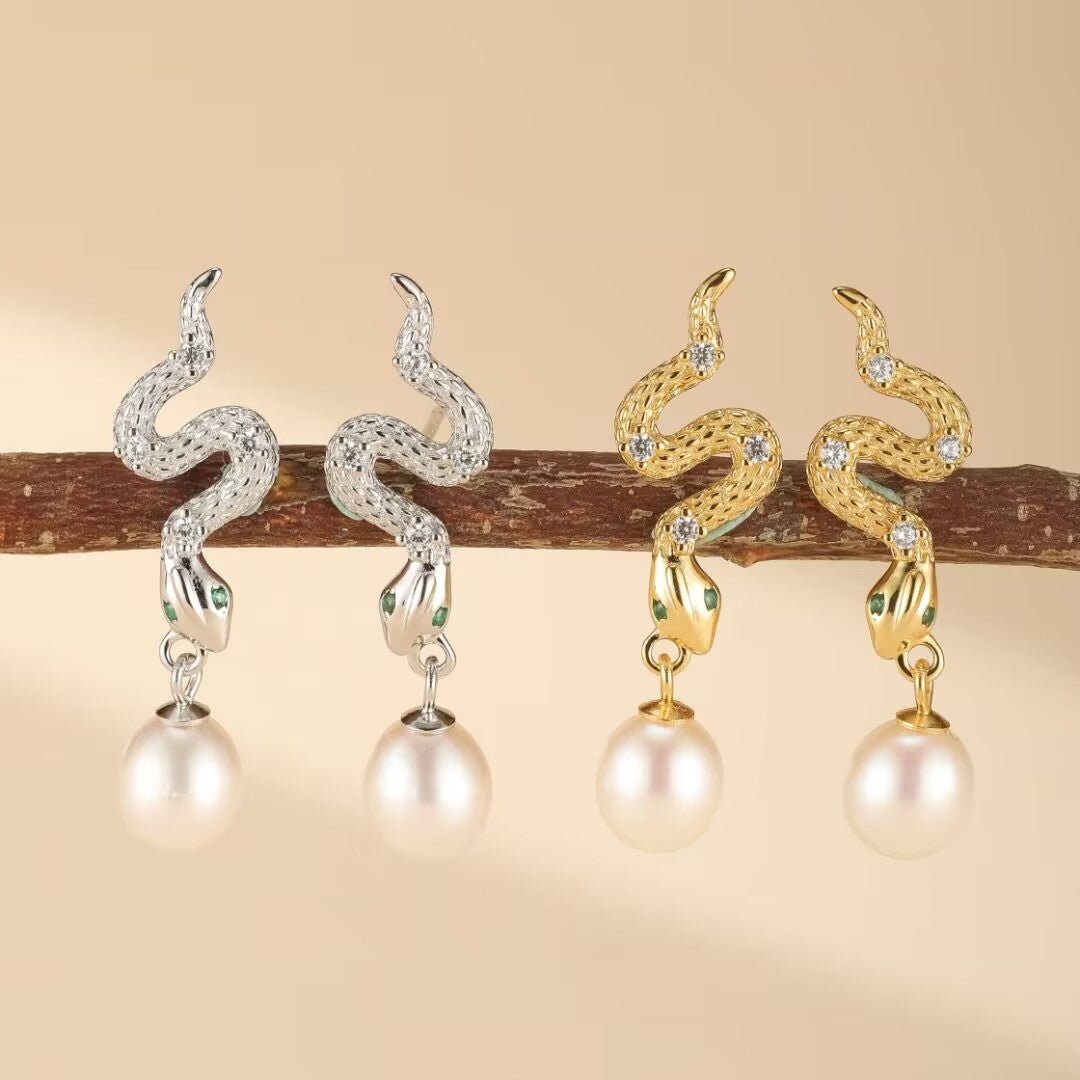 Boucles d'Oreilles Serpent Perle Naturelle - Argent 925 Fait Main - Biloria