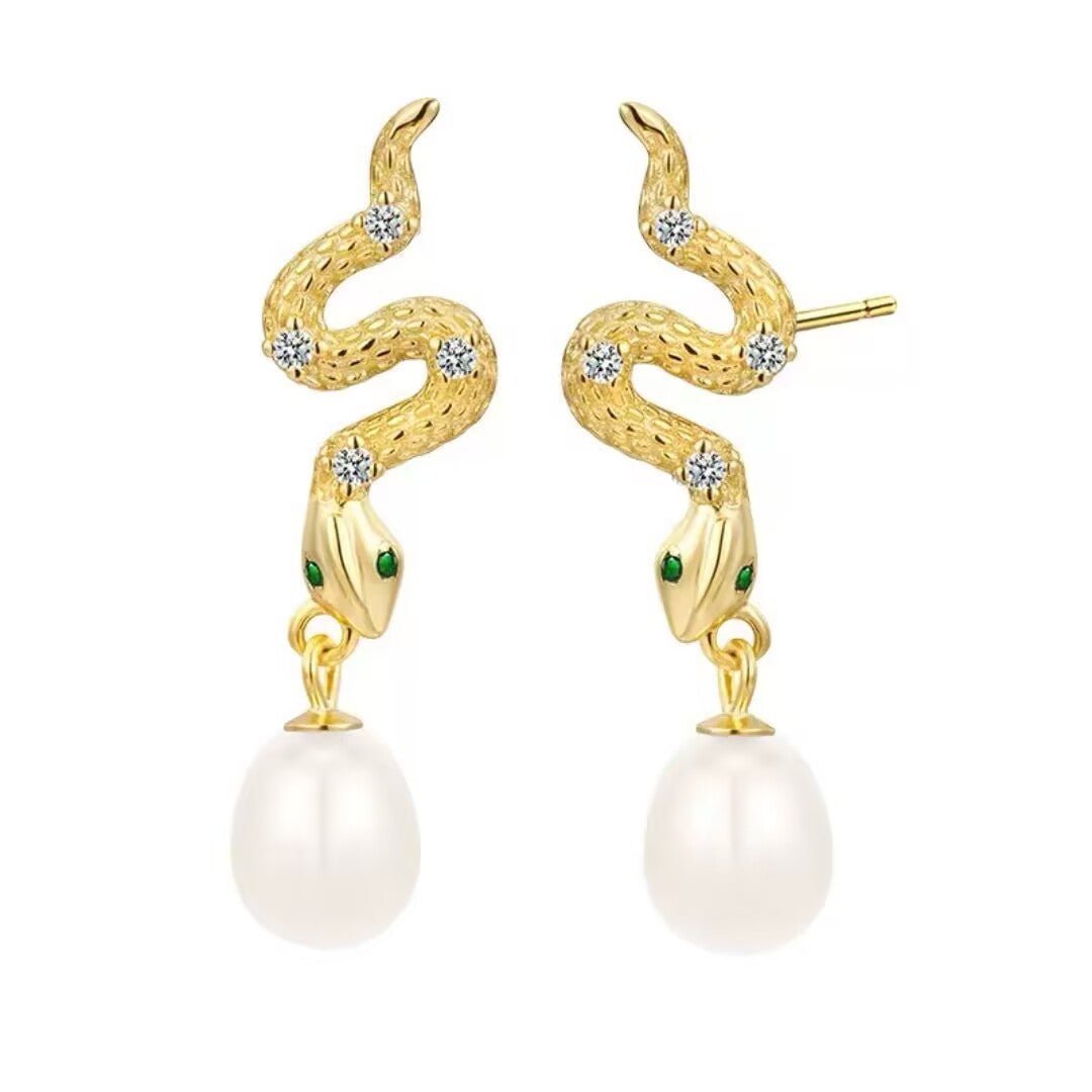 Boucles d'Oreilles Serpent Perle Naturelle - Argent 925 Fait Main - Biloria