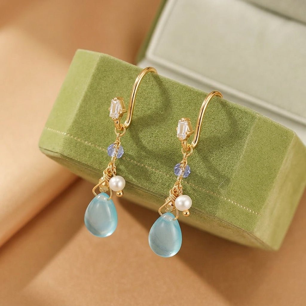 Boucles d'Oreilles Topaze et Perle – Argent Plaqué Or 14 Carats - Biloria