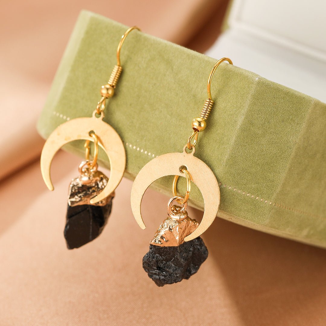 Boucles d'Oreilles Tourmaline Noire Brut Doré Lune - Biloria