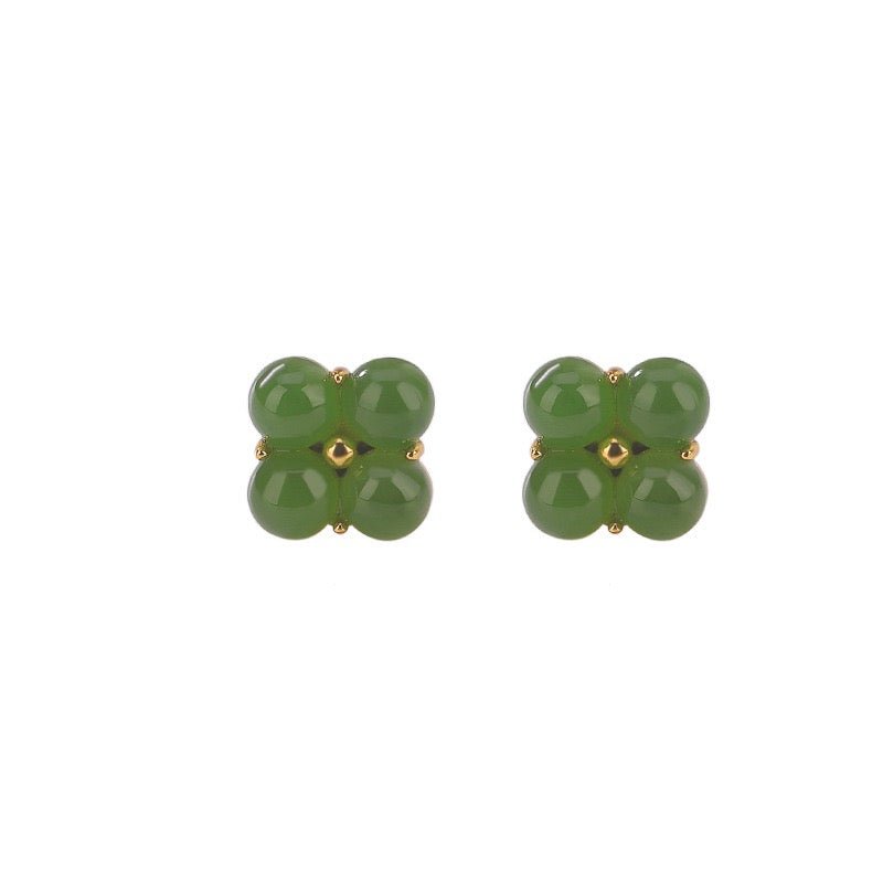 Boucles d'Oreilles Trèfle en Jade Argent Plaqué Or Chance et Sérénité - Biloria