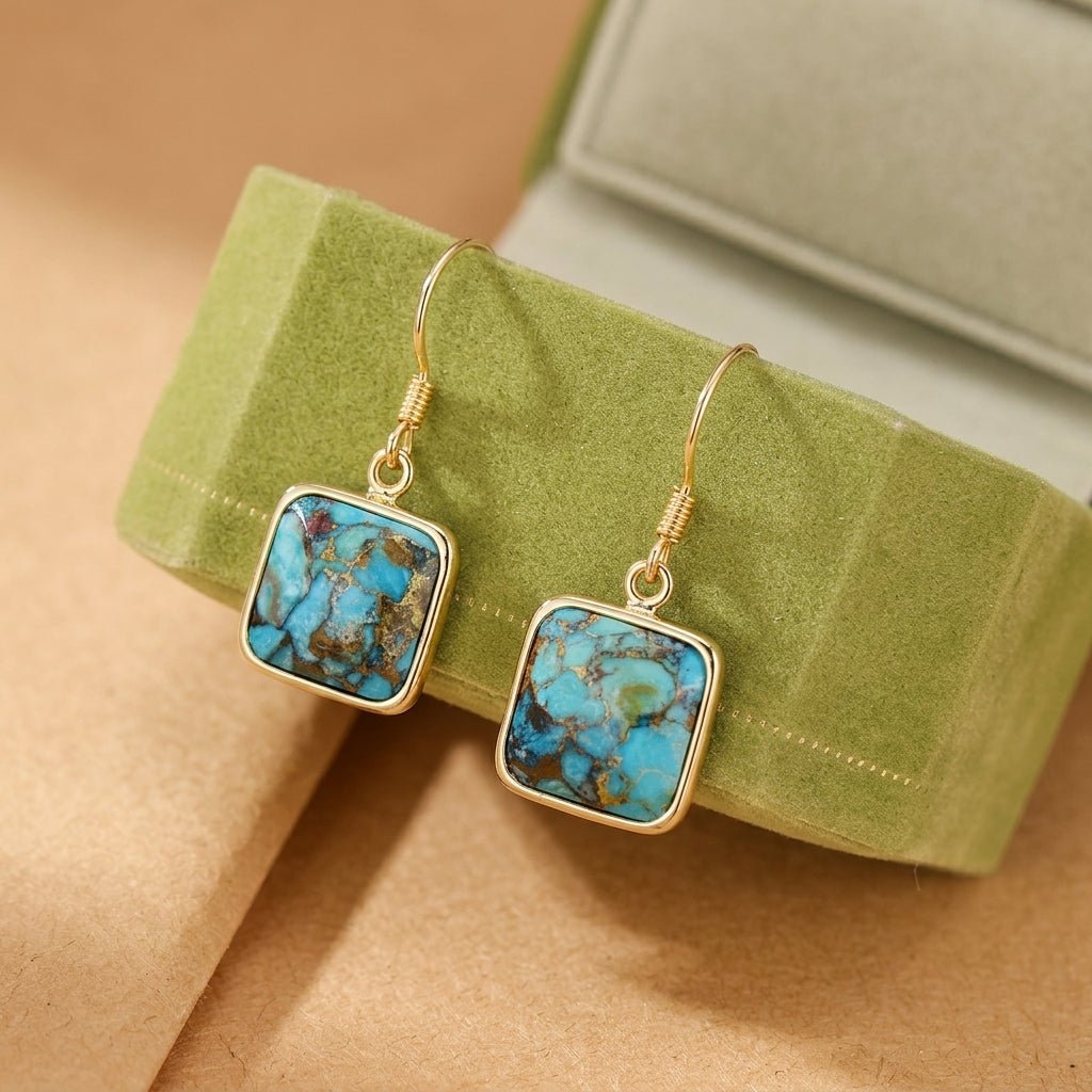 Boucles d'Oreilles Turquoise Argent Plaqué Or - Biloria