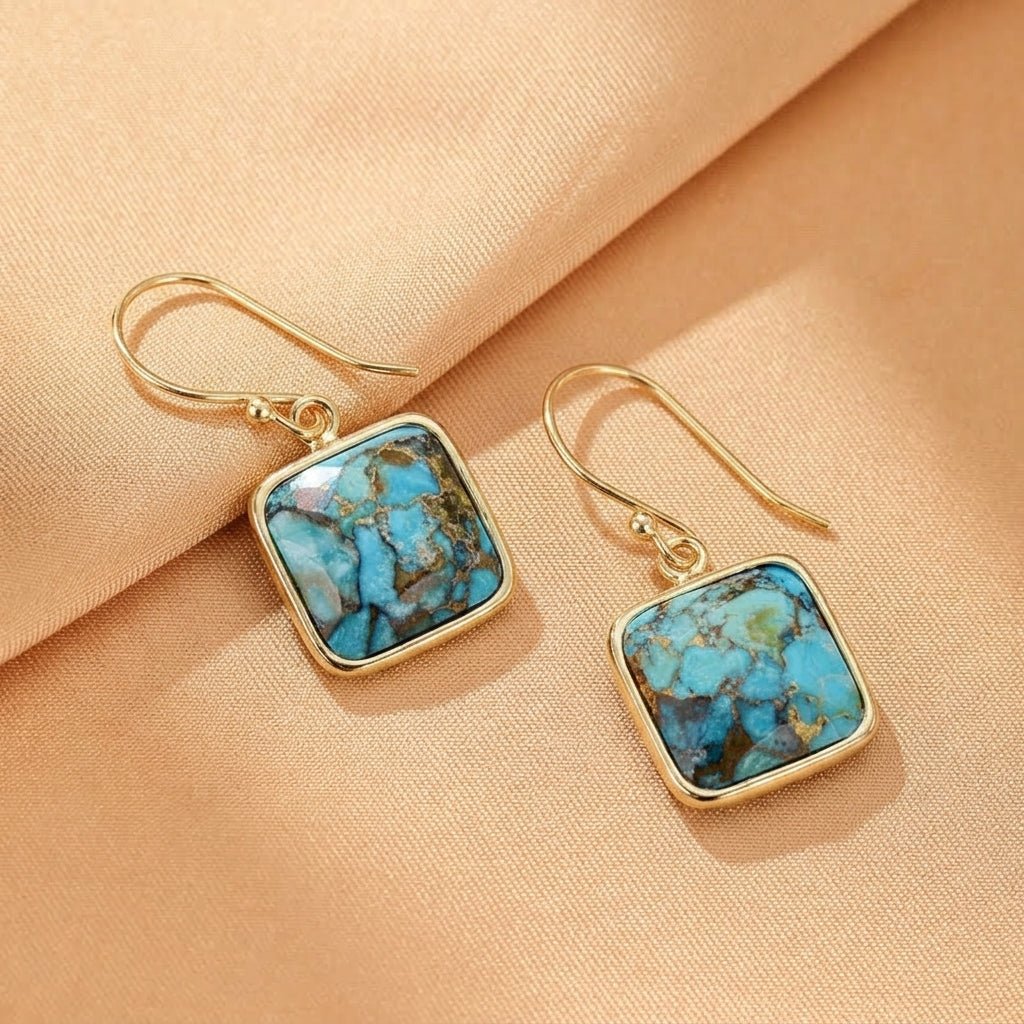 Boucles d'Oreilles Turquoise Argent Plaqué Or - Biloria