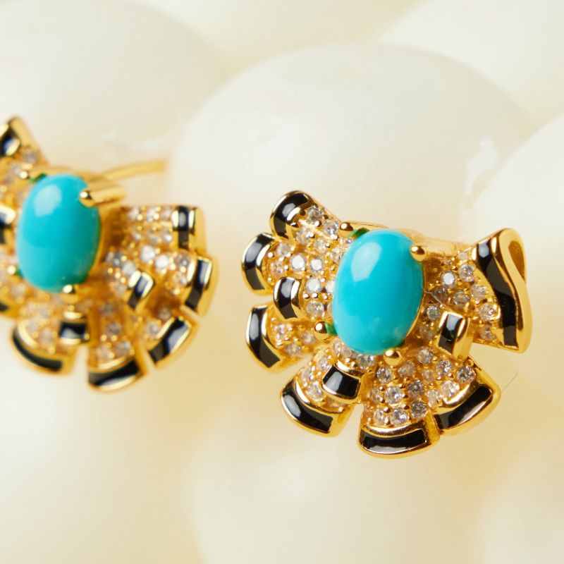 Boucles d'Oreilles Turquoise Coquillage Maritime Argent Plaqué Or - Biloria