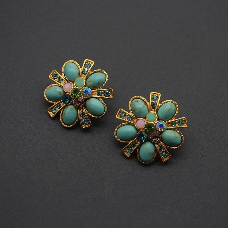 Boucles d'Oreilles Turquoise Fleur Éternelle – Argent Plaqué Or - Biloria