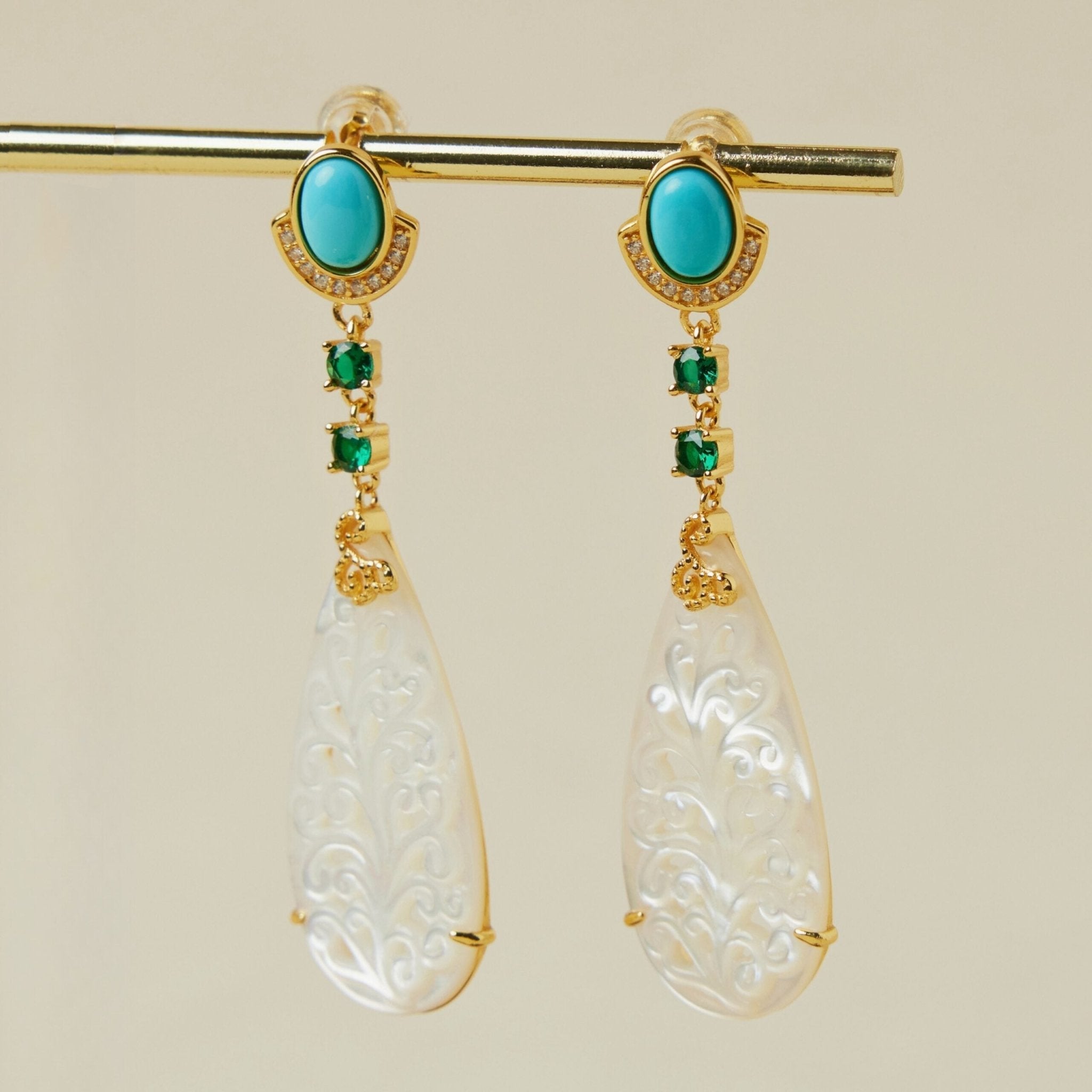 Boucles d'Oreilles Turquoise Nacre Argent Plaqué Or - Biloria