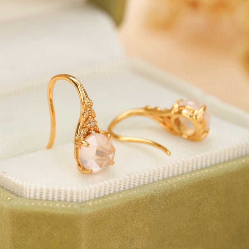 Boucles Oreilles Quartz Rose Argent Plaqué Or Floral - Biloria