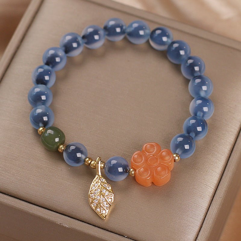 Bracelet Agate Bleue Feuille Dorée – Sérénité et Élégance - Biloria