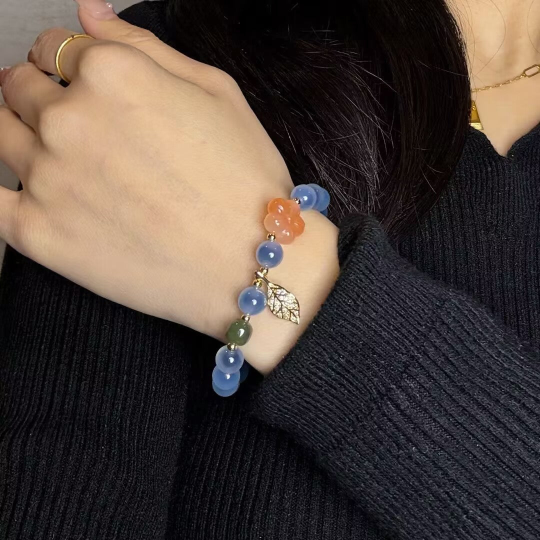 Bracelet Agate Bleue Feuille Dorée – Sérénité et Élégance - Biloria