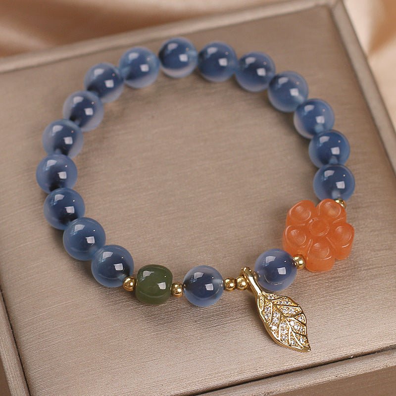 Bracelet Agate Bleue Feuille Dorée – Sérénité et Élégance - Biloria