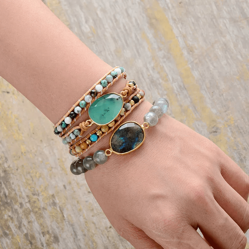 Bracelet Agate Verte Cuir Ajustable – Déco Bureau Télétravail - Biloria