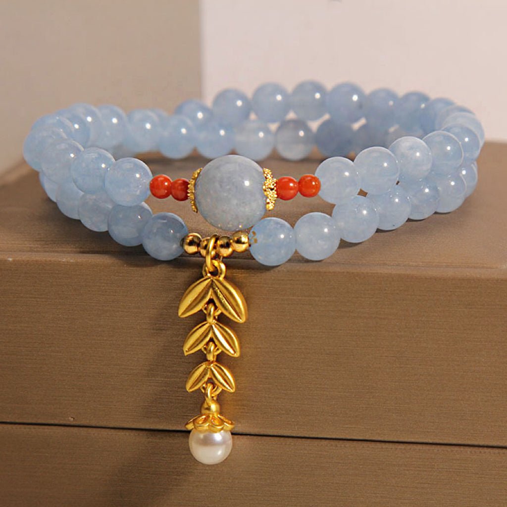 Bracelet Aigue Marine Perle Double Tour Épi de Blé - Biloria