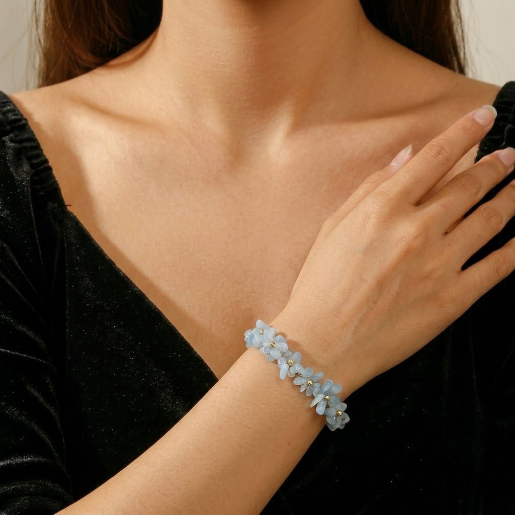 Bracelet Aigue-Marine Perle Laiton Plaqué Or 14K Ajustable - Biloria