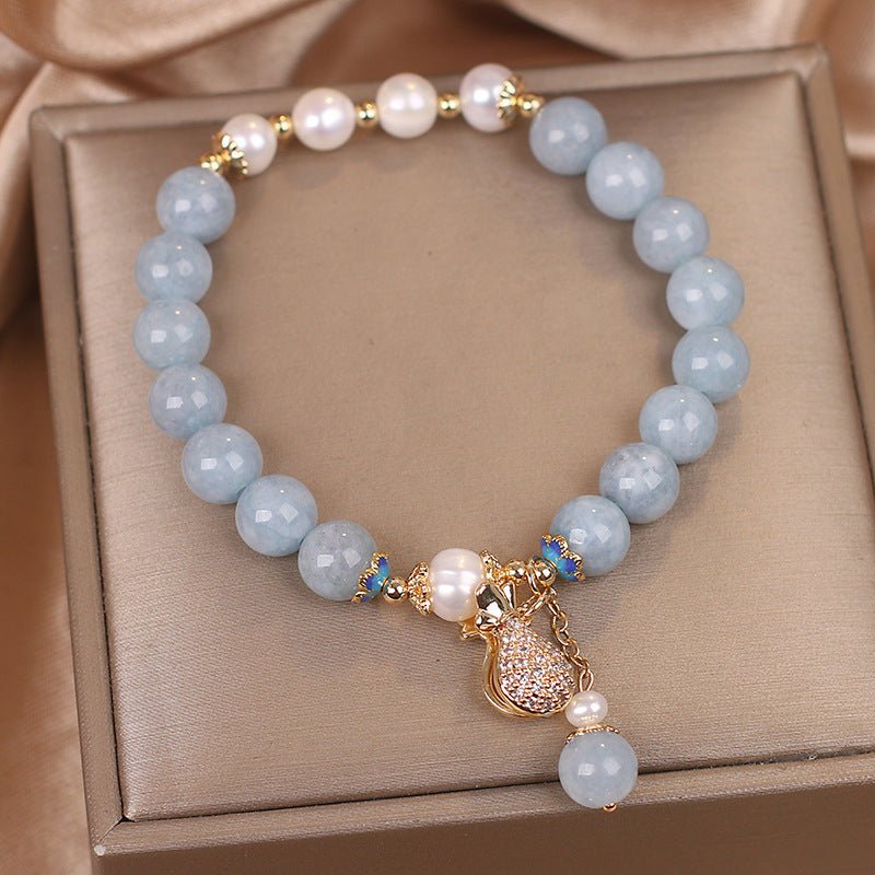 Bracelet Aigue-Marine Perle Poche Argent Abondance - Biloria