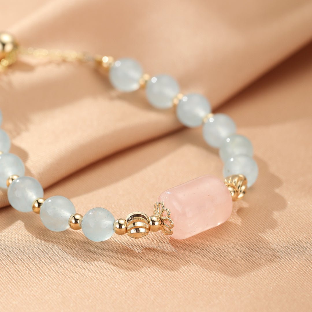 Bracelet Aigue-marine Quartz Rose ajustable – Sérénité et amour - Biloria