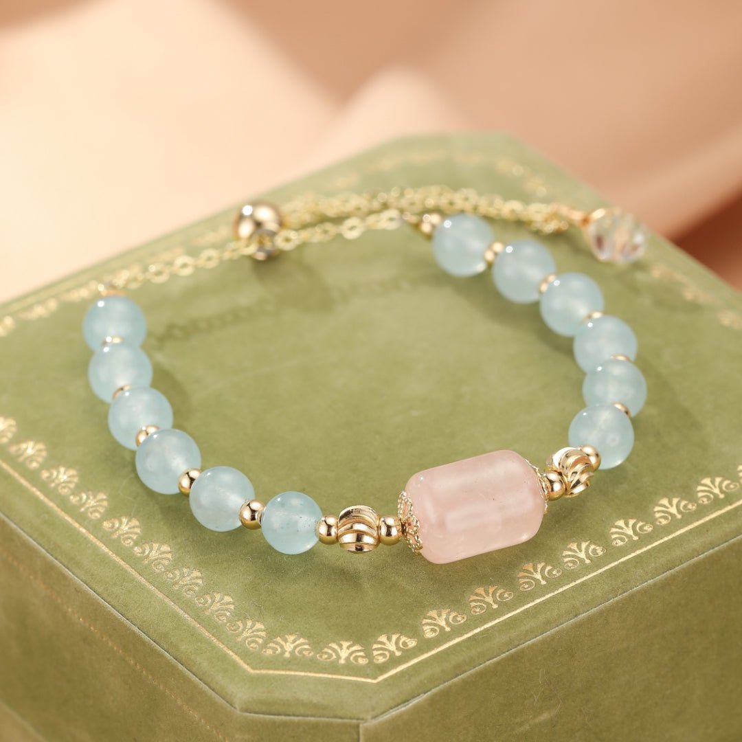 Bracelet Aigue-marine Quartz Rose ajustable – Sérénité et amour - Biloria
