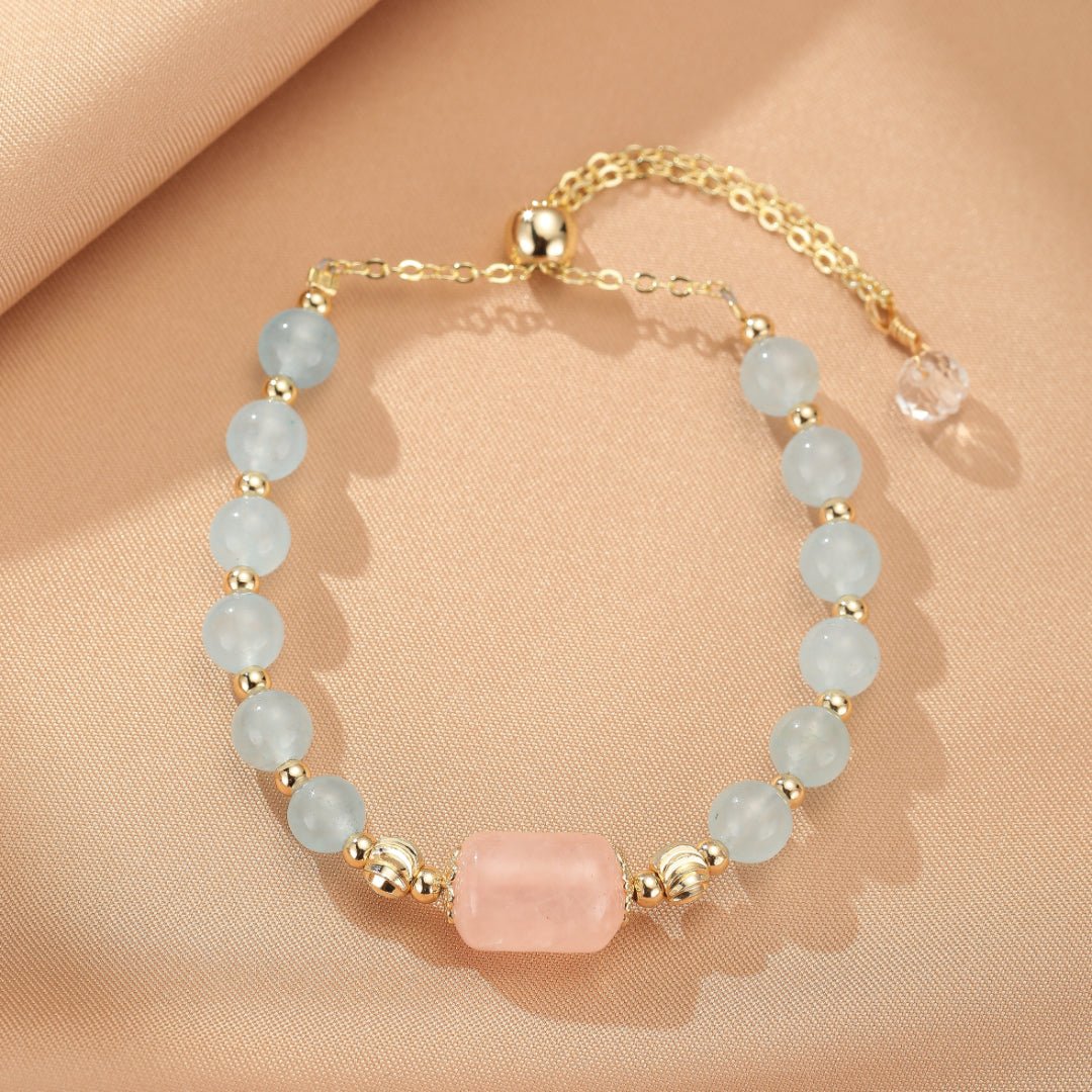 Bracelet Aigue-marine Quartz Rose ajustable – Sérénité et amour - Biloria