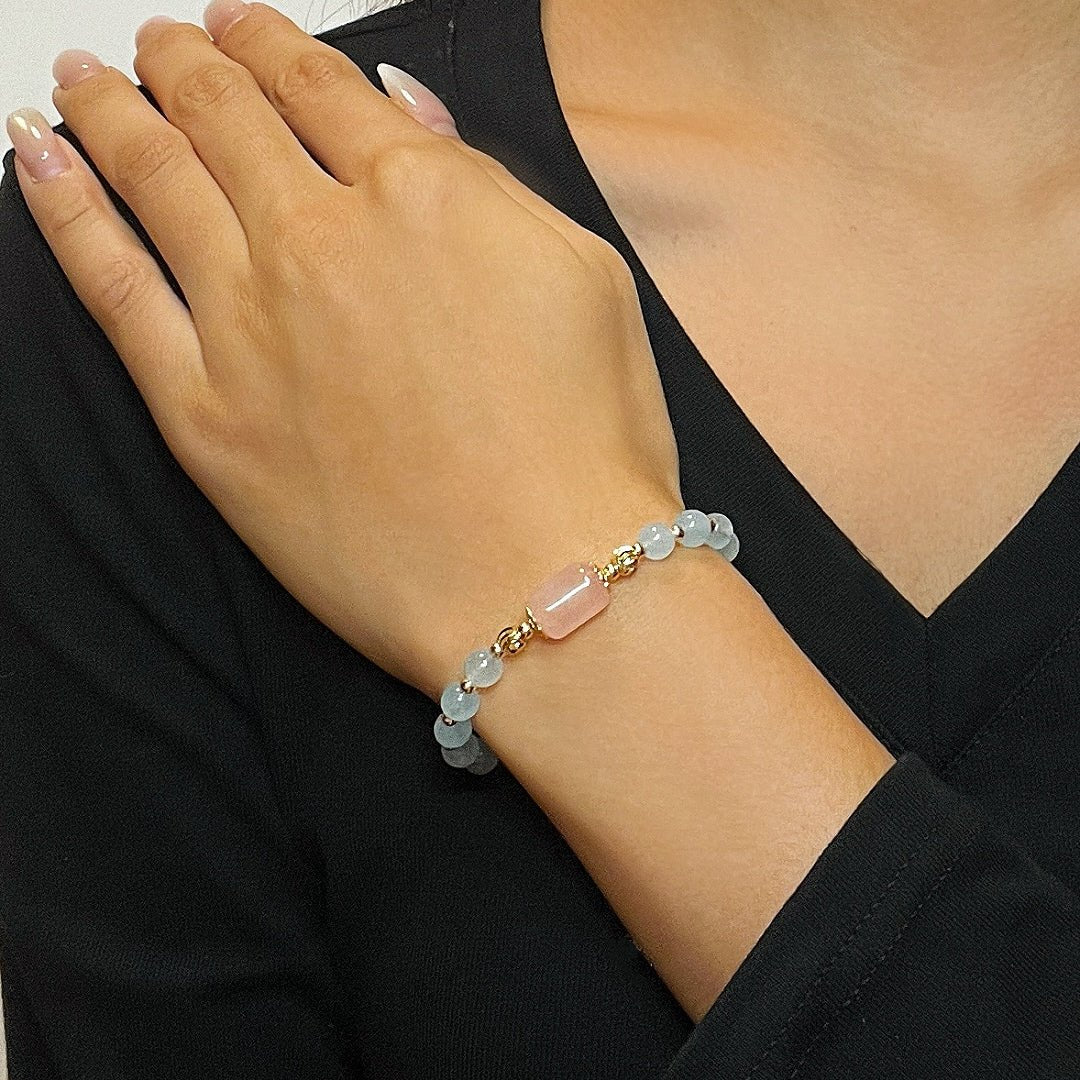 Bracelet Aigue-marine Quartz Rose ajustable – Sérénité et amour - Biloria
