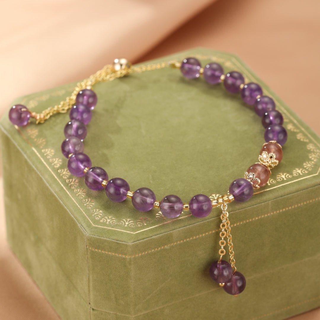Bracelet Améthyste et Quartz Fraise Ajustable Protection et Douceur - Biloria