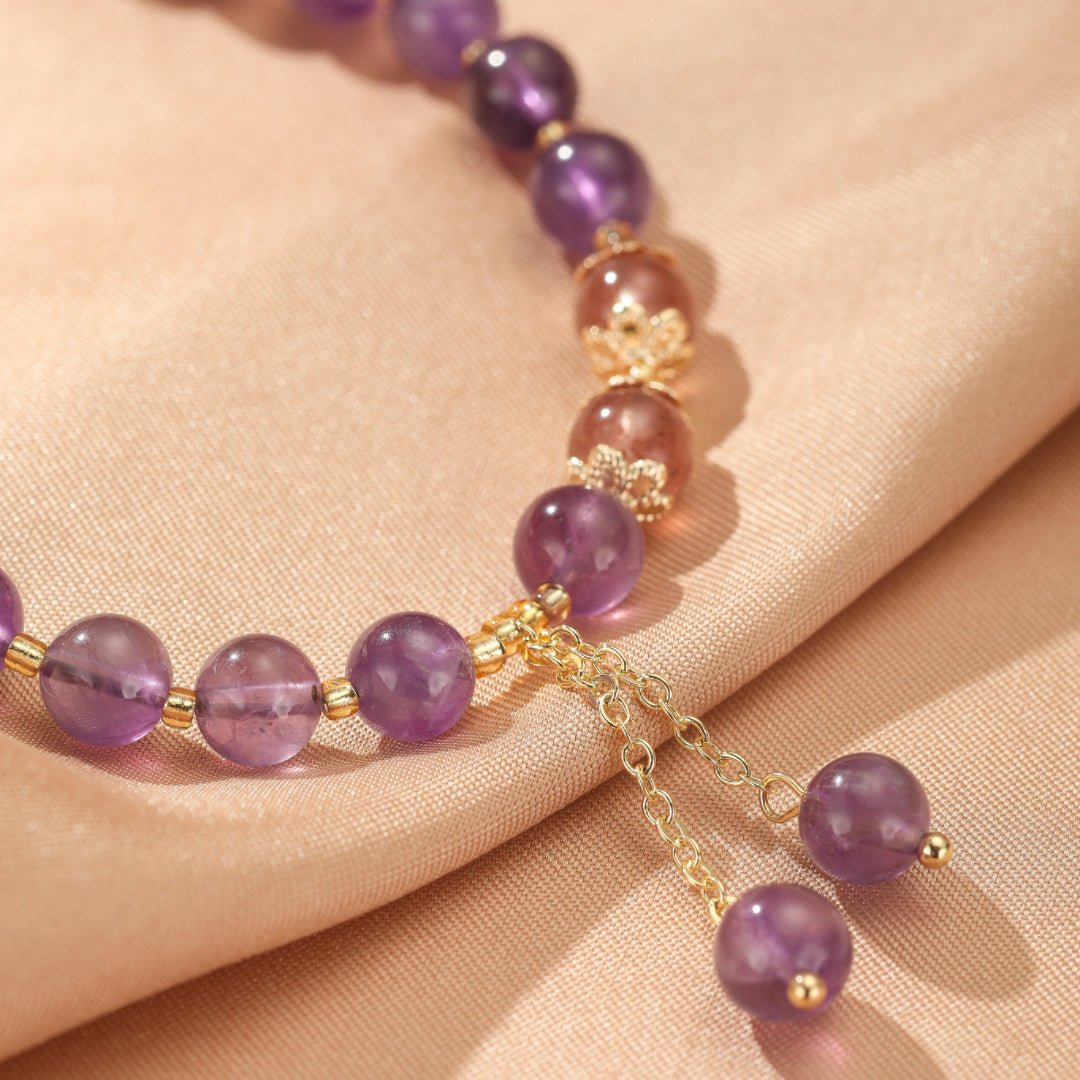 Bracelet Améthyste et Quartz Fraise Ajustable Protection et Douceur - Biloria