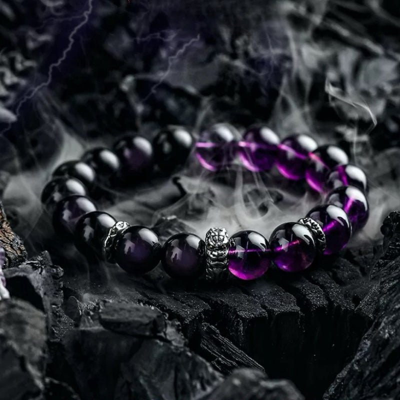 Bracelet Améthyste Obsidienne Argent Dragon Protection Sérénité - Biloria