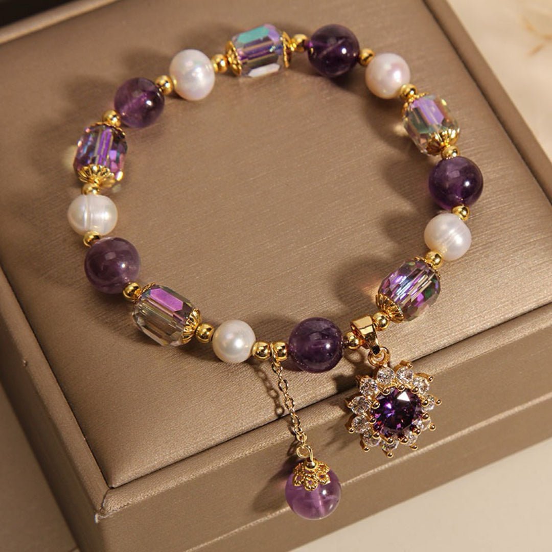 Bracelet Améthyste Perle Pendentif Soleil pour Bureau - Biloria