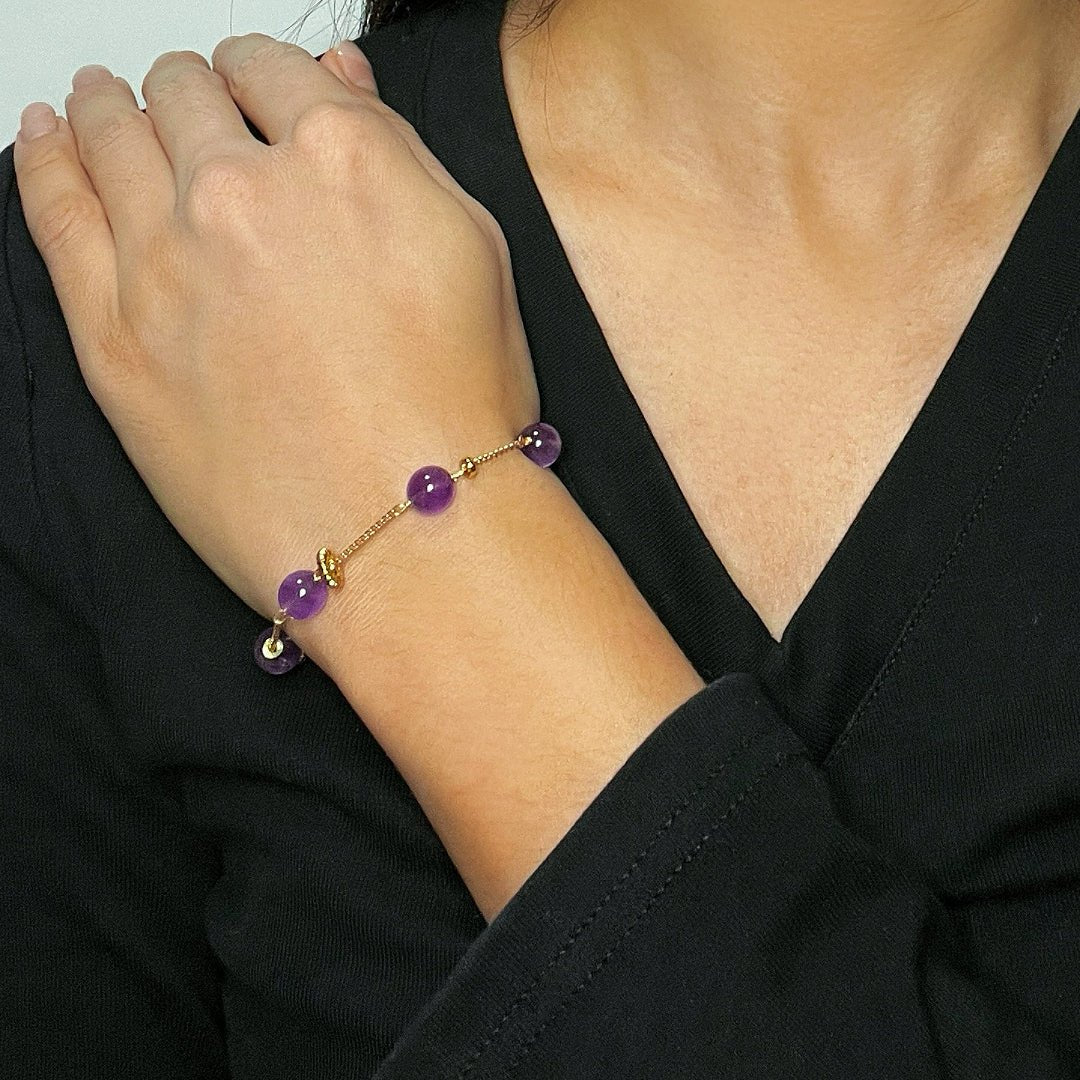 Bracelet Améthyste Perles 8,5 mm Laiton Doré - Biloria