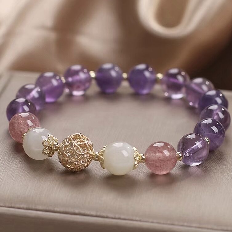 Bracelet Améthyste Quartz Fraise Ajustable 14-18 cm - Biloria
