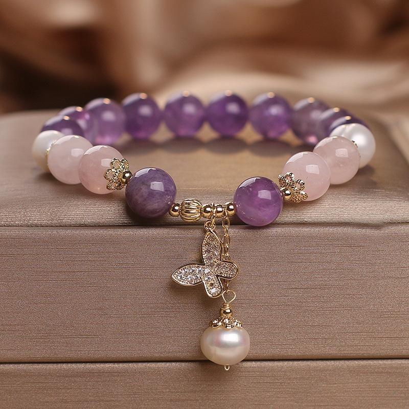 Bracelet Améthyste Quartz Rose et Perle avec Papillon - Biloria