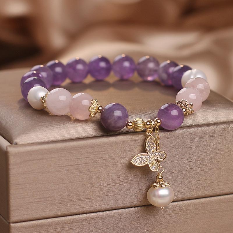 Bracelet Améthyste Quartz Rose et Perle avec Papillon - Biloria