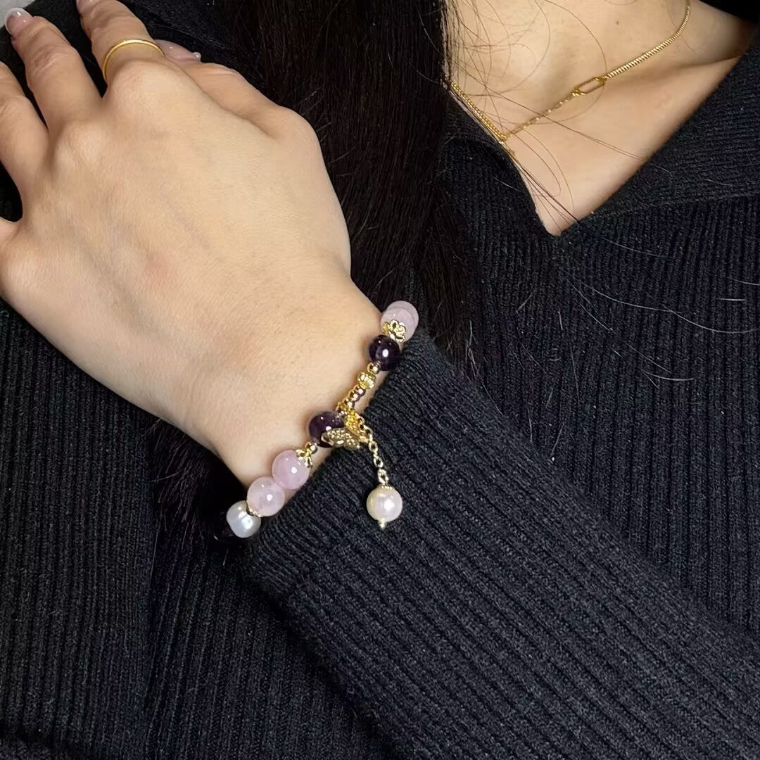 Bracelet Améthyste Quartz Rose et Perle avec Papillon - Biloria