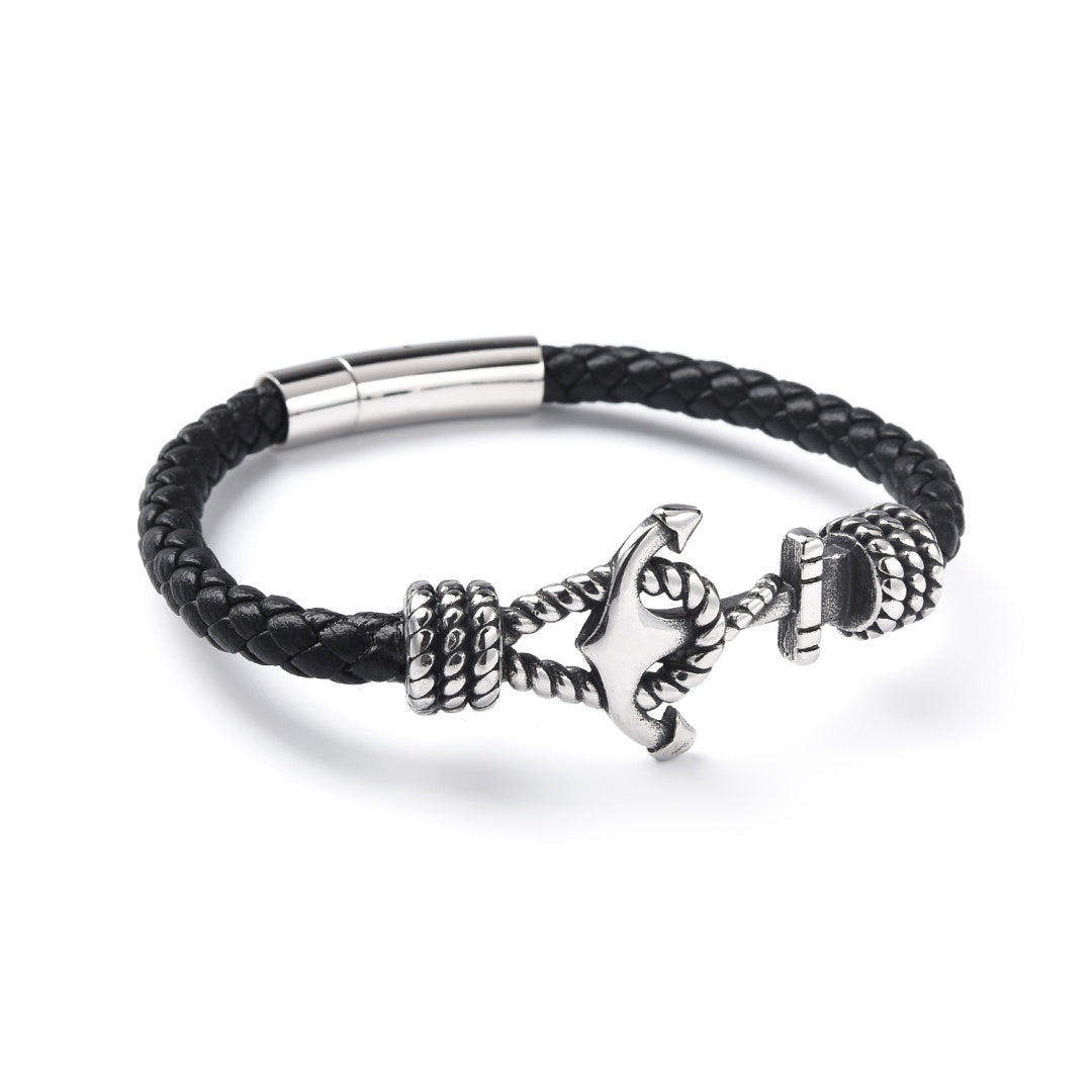 Bracelet Ancre Cuir Noir Acier - Stabilité au Quotidien - Biloria