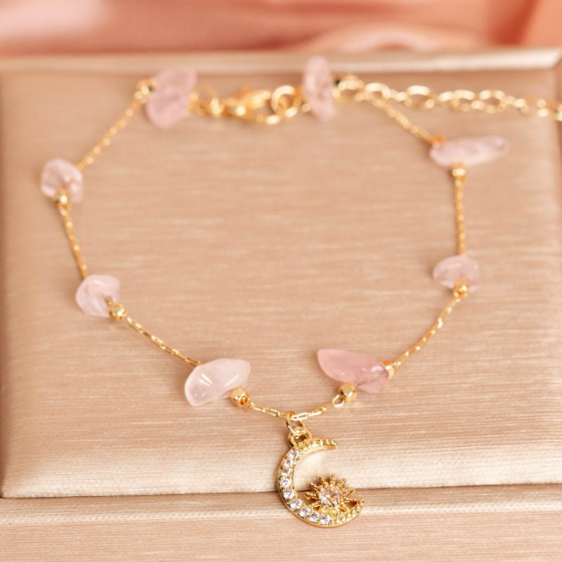 Bracelet Cheville Aventurine Quartz Rose Lune - Biloria