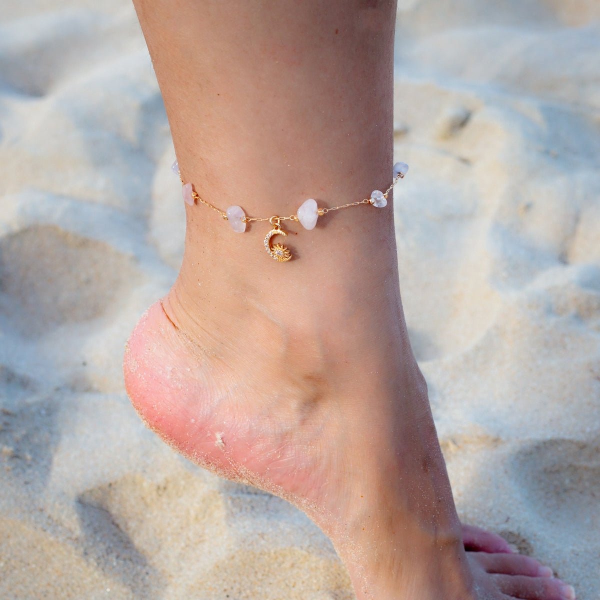 Bracelet Cheville Aventurine Quartz Rose Lune - Biloria