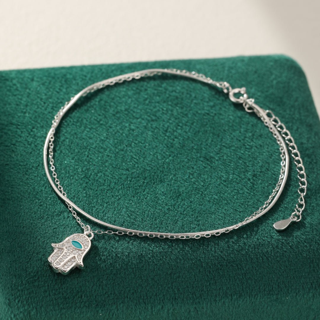Bracelet Cheville Main de Fatma Argent 925 Protection Hamsa - Biloria