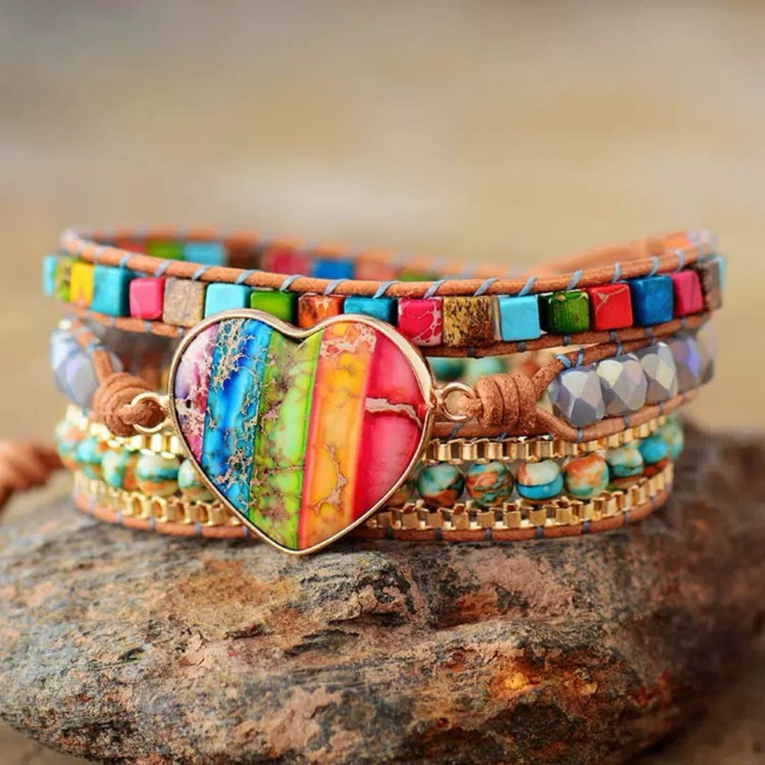 Bracelet Cœur Arc-en-Ciel Jaspe Chakras – Cadeau Spirituel - Biloria