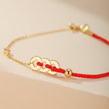 Bracelet Cordon Rouge Monnaies Porte-Bonheur Argent Plaqué Or 18K - Biloria