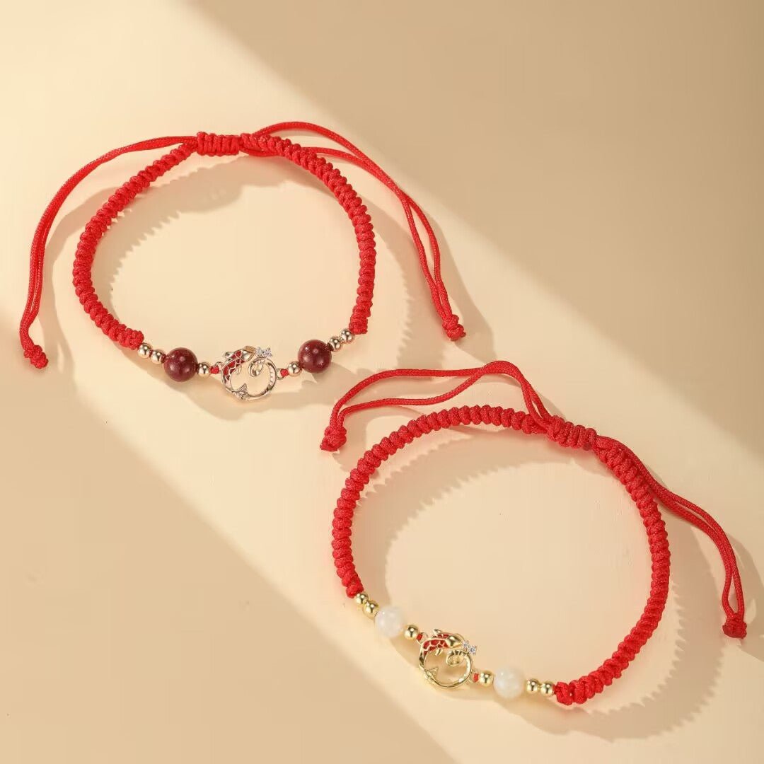 Bracelet Cordon Rouge Serpent Carpe Koï Argent Plaqué Or - Biloria