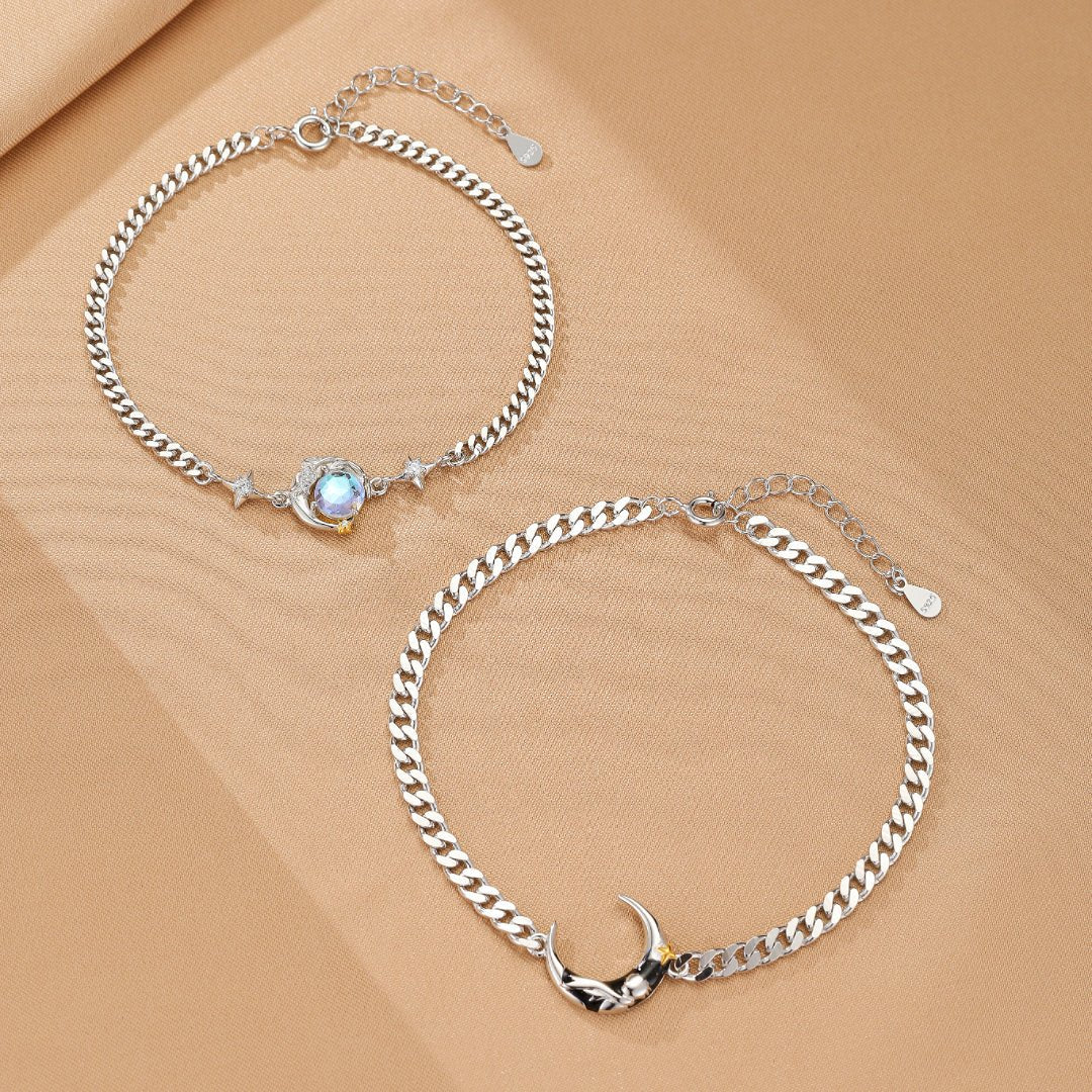 Bracelet Couple Argent 925 Lune et Rose – Symbolisme du Petit Prince - Biloria