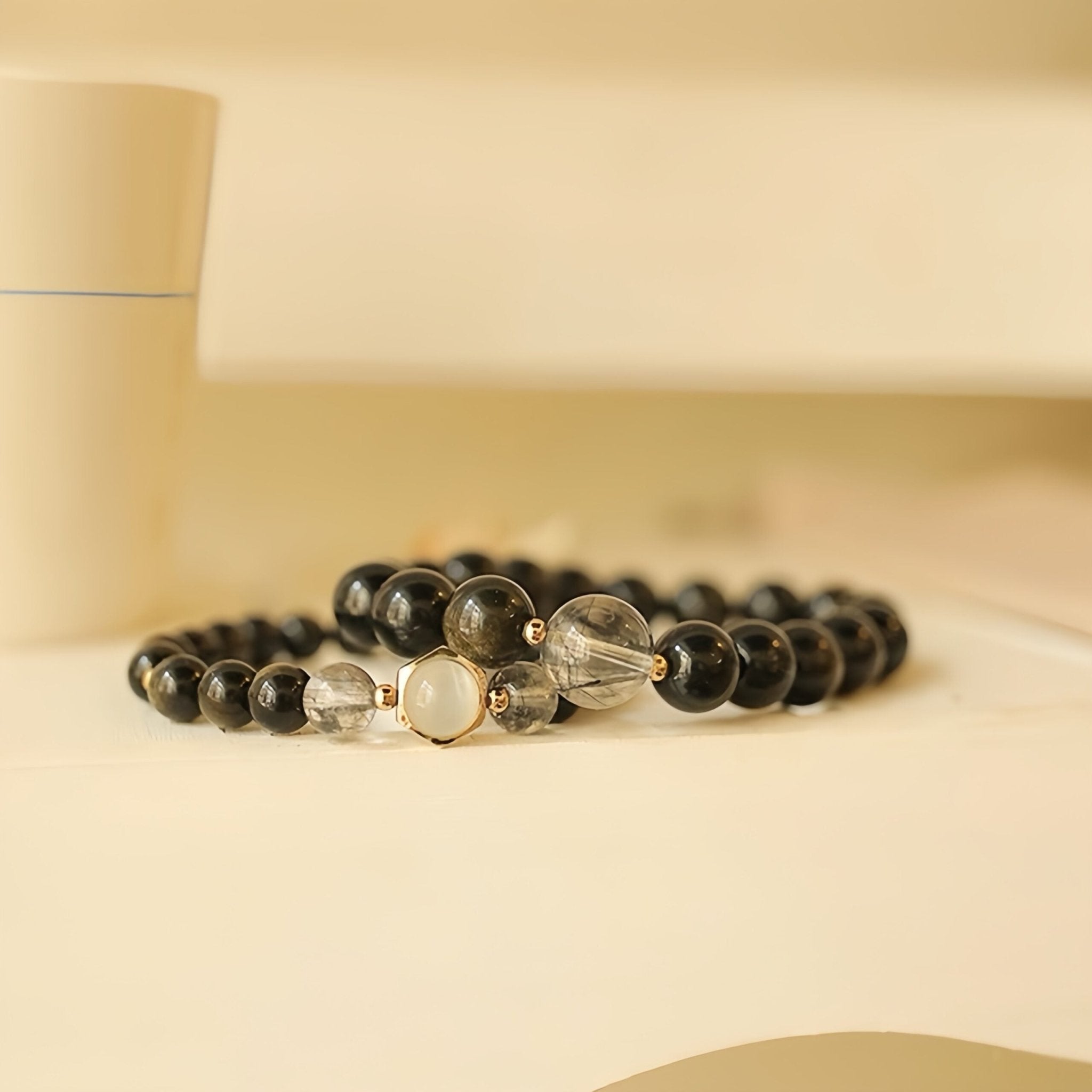 Bracelet Couple Obsidienne Dorée Fusion Argent Plaqué Or - Biloria