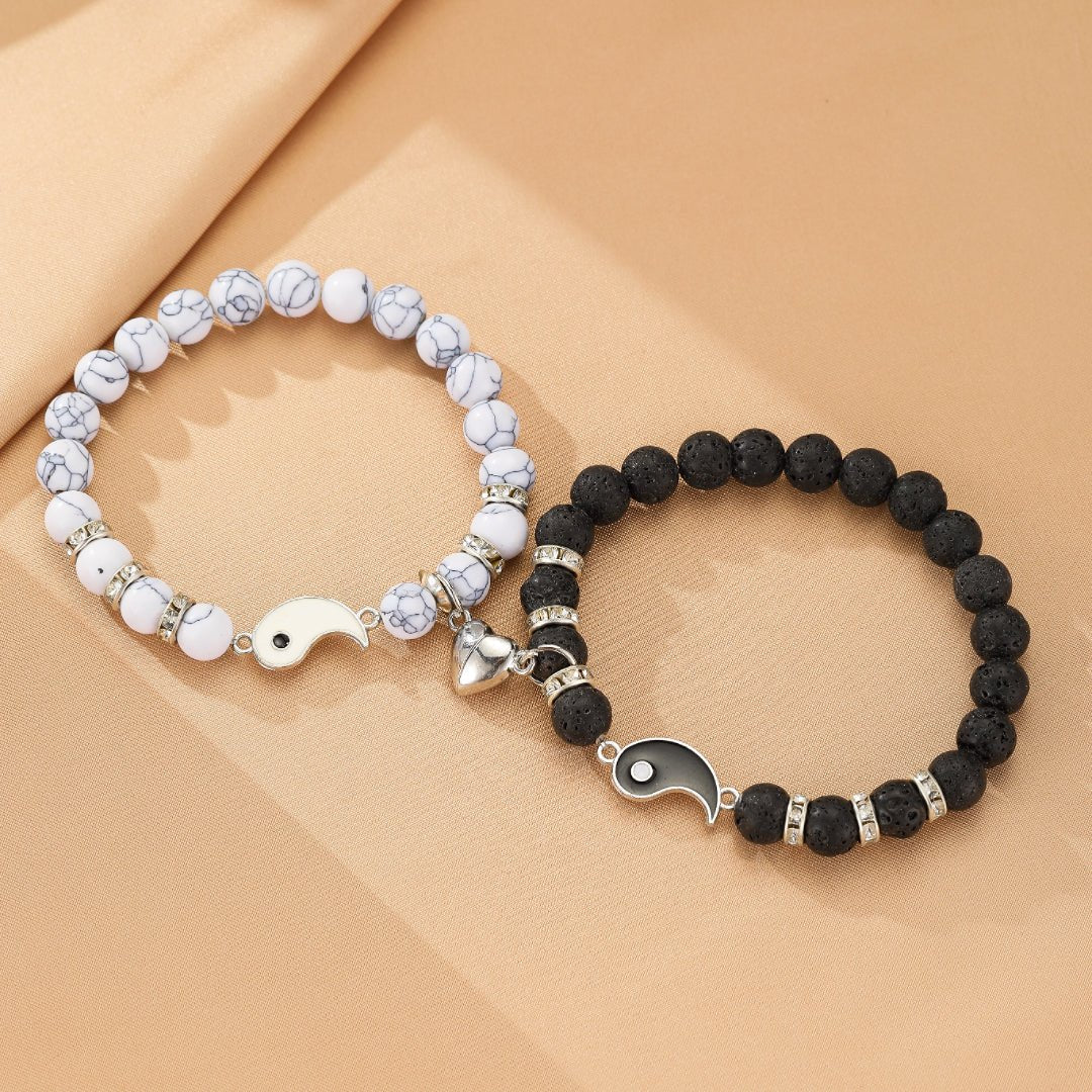 Bracelet Couple Pierre de Lave et Howlite Yin Yang - Biloria