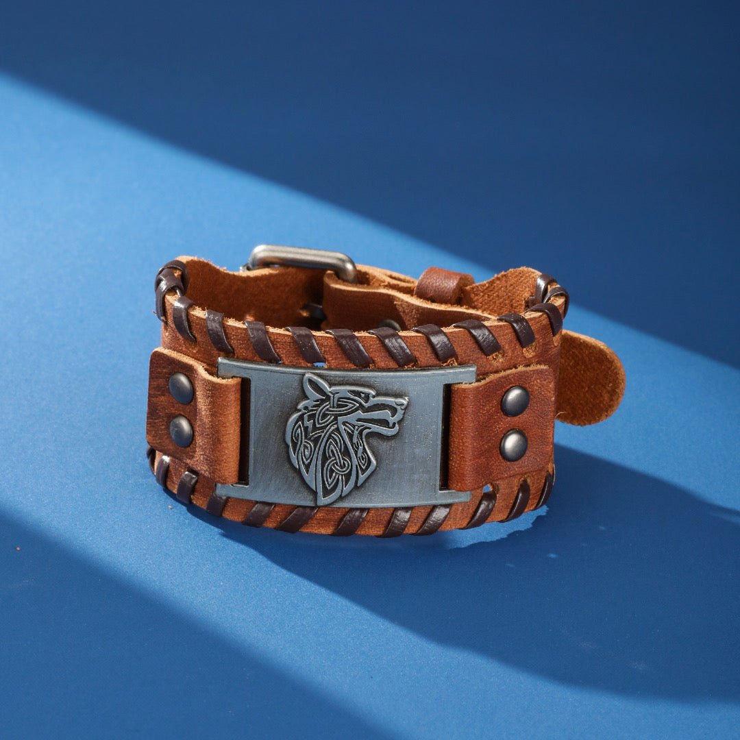 Bracelet Cuir Homme Loup Viking Acier Inoxydable - Biloria