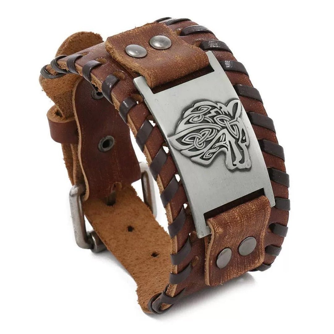 Bracelet Cuir Homme Loup Viking Acier Inoxydable - Biloria
