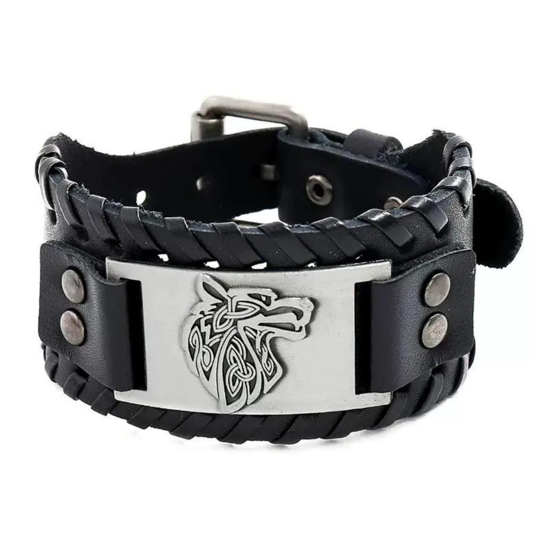 Bracelet Cuir Homme Loup Viking Acier Inoxydable - Biloria