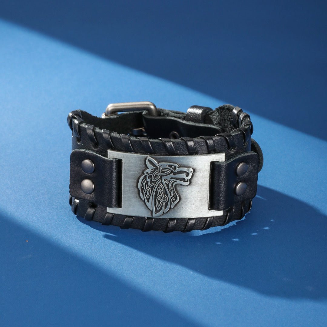 Bracelet Cuir Homme Loup Viking Acier Inoxydable - Biloria