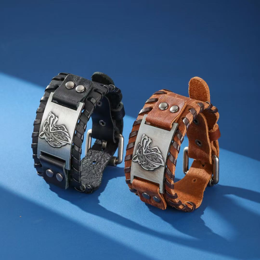 Bracelet Cuir Homme Loup Viking Acier Inoxydable - Biloria