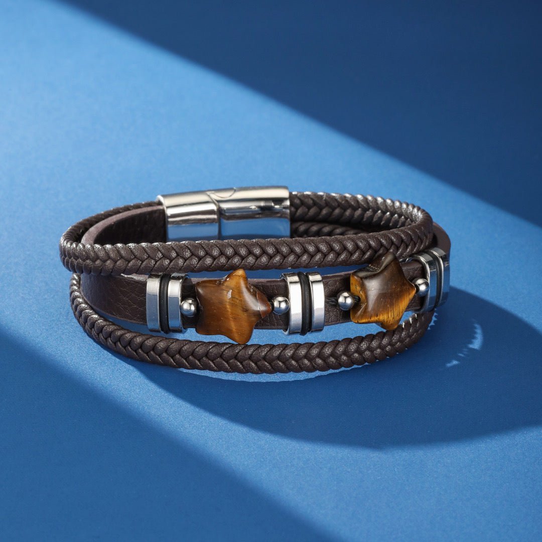 Bracelet Cuir Homme Œil de Tigre Étoile Protection - Biloria