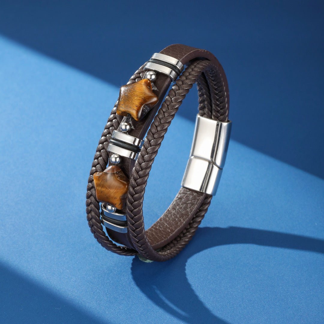Bracelet Cuir Homme Œil de Tigre Étoile Protection - Biloria