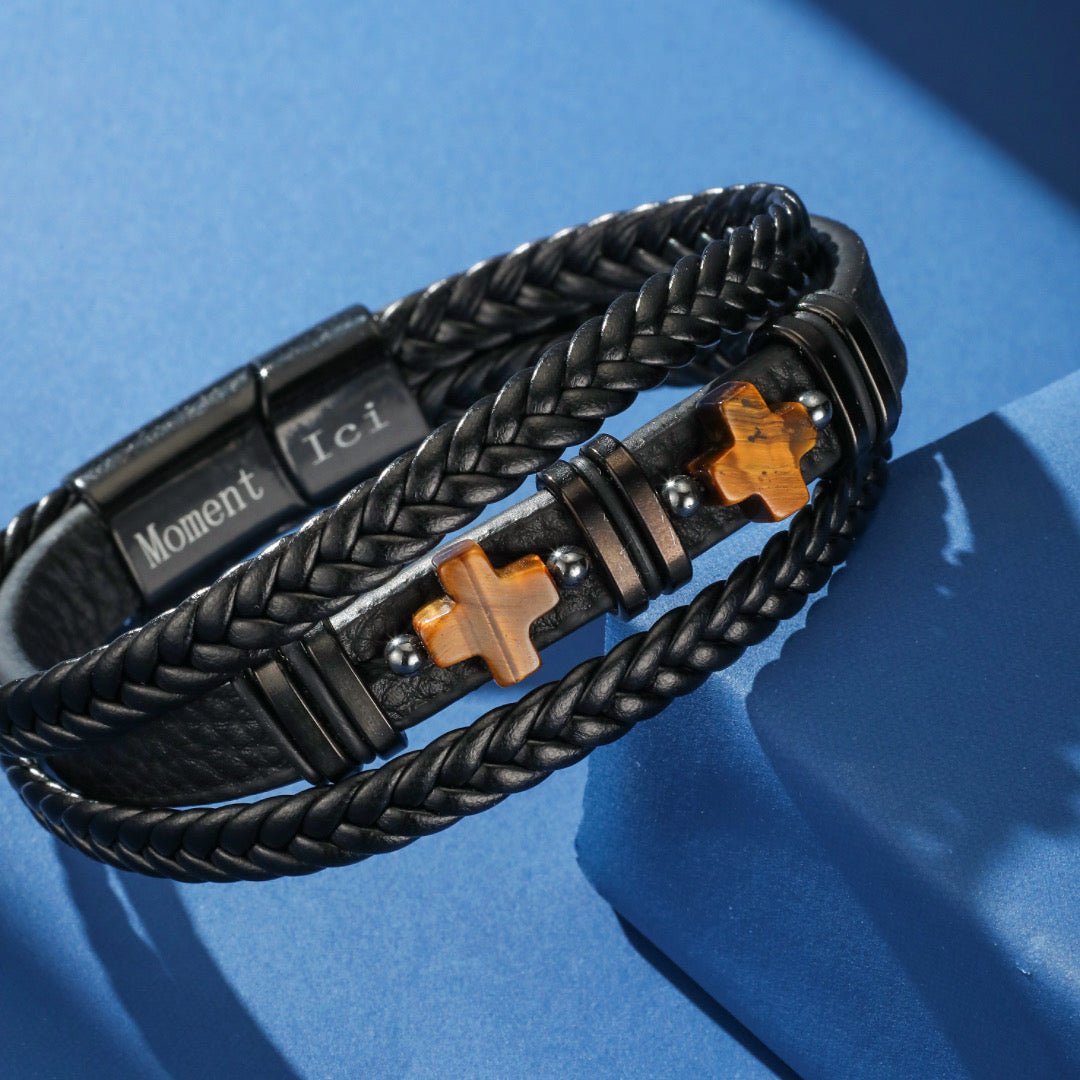 Bracelet Cuir Œil de Tigre Double Protection Homme - Biloria