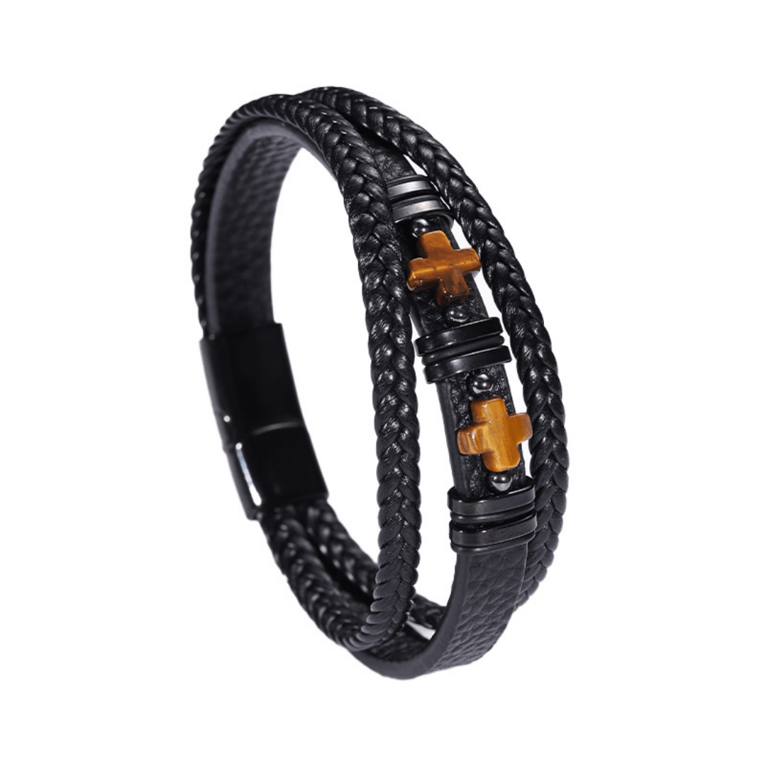 Bracelet Cuir Œil de Tigre Double Protection Homme - Biloria